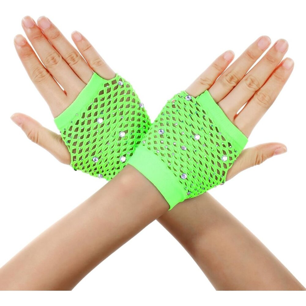Women's Green Rhinestone Fishnet Short Mesh Gloves Halloween Party Costumes